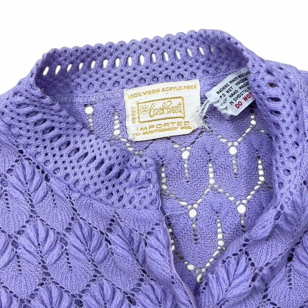 Vintage 1960’s Carol Brent Lavender Purple Crochet Button Up Sheer Sweater SizeS - Picture 2 of 5
